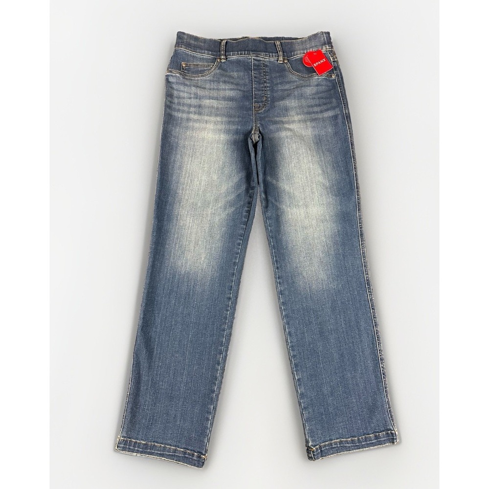 Spanx Jeans Womens Lg Blue Straight Leg Pull On Stretch Denim High Rise 20356R